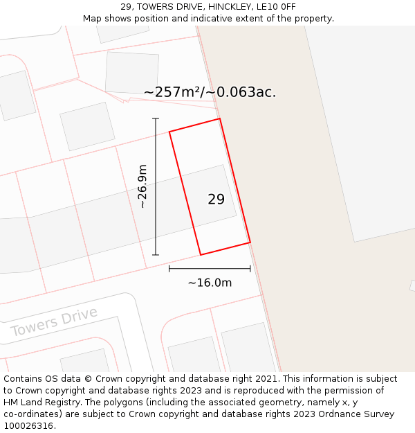 29, TOWERS DRIVE, HINCKLEY, LE10 0FF: Plot and title map
