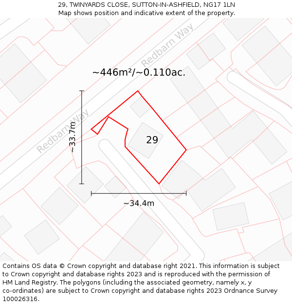 29, TWINYARDS CLOSE, SUTTON-IN-ASHFIELD, NG17 1LN: Plot and title map