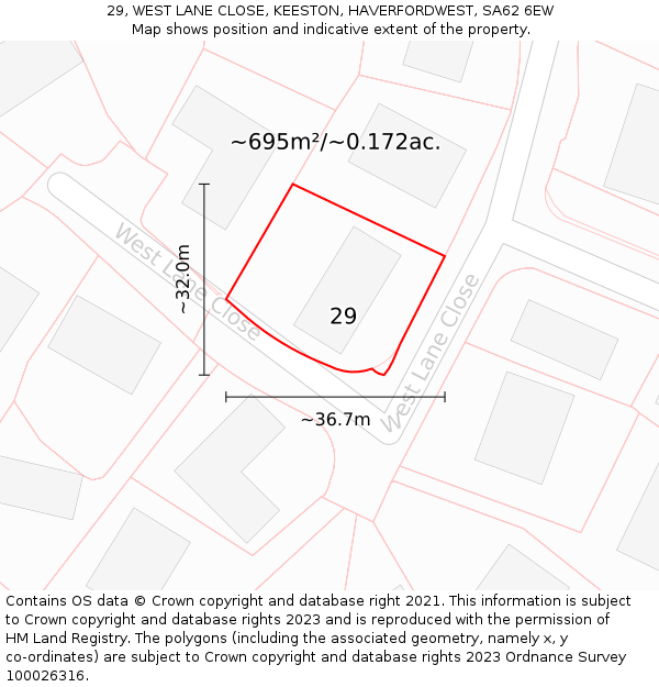 29, WEST LANE CLOSE, KEESTON, HAVERFORDWEST, SA62 6EW: Plot and title map
