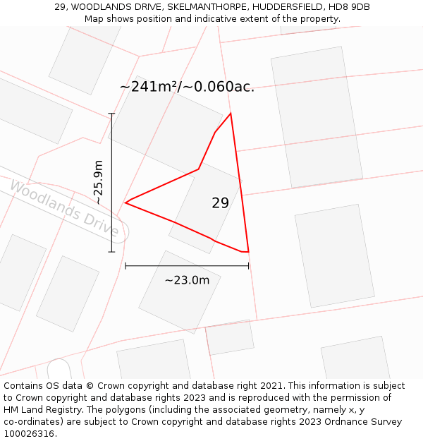 29, WOODLANDS DRIVE, SKELMANTHORPE, HUDDERSFIELD, HD8 9DB: Plot and title map