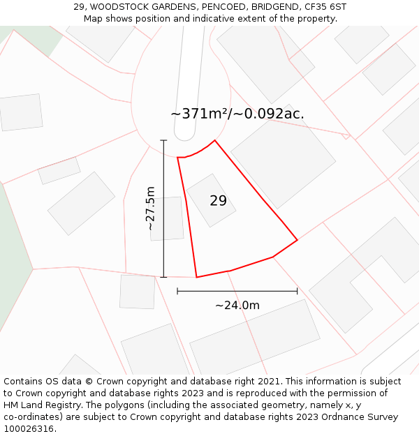 29, WOODSTOCK GARDENS, PENCOED, BRIDGEND, CF35 6ST: Plot and title map