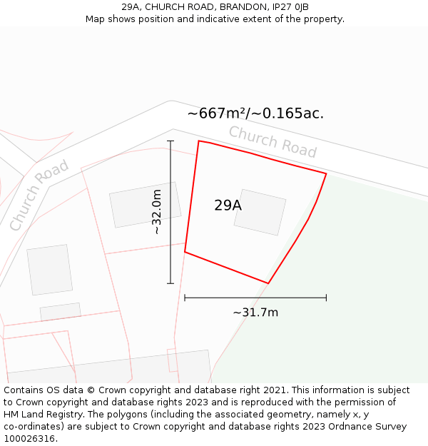 29A, CHURCH ROAD, BRANDON, IP27 0JB: Plot and title map
