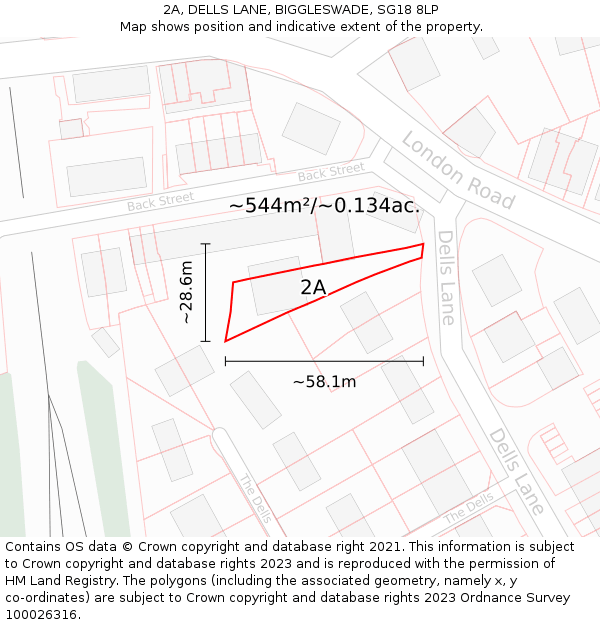 2A, DELLS LANE, BIGGLESWADE, SG18 8LP: Plot and title map