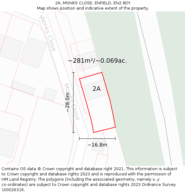 2A, MONKS CLOSE, ENFIELD, EN2 8DY: Plot and title map