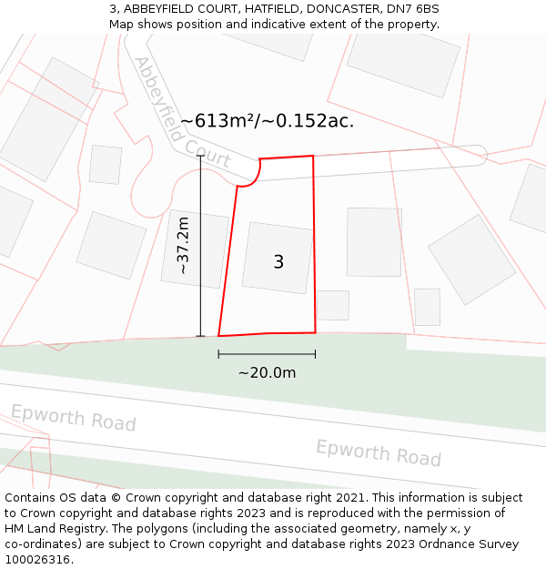 3, ABBEYFIELD COURT, HATFIELD, DONCASTER, DN7 6BS: Plot and title map