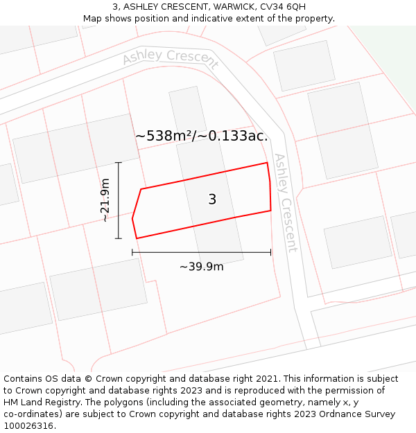 3, ASHLEY CRESCENT, WARWICK, CV34 6QH: Plot and title map