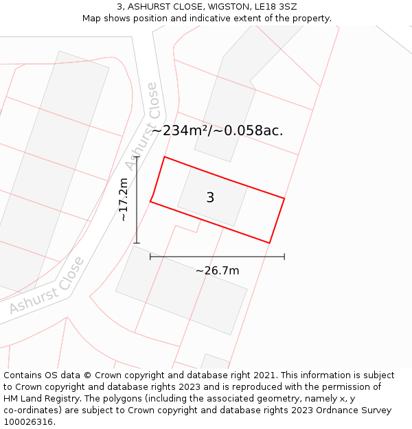 3, ASHURST CLOSE, WIGSTON, LE18 3SZ: Plot and title map