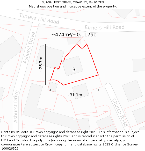 3, ASHURST DRIVE, CRAWLEY, RH10 7FS: Plot and title map