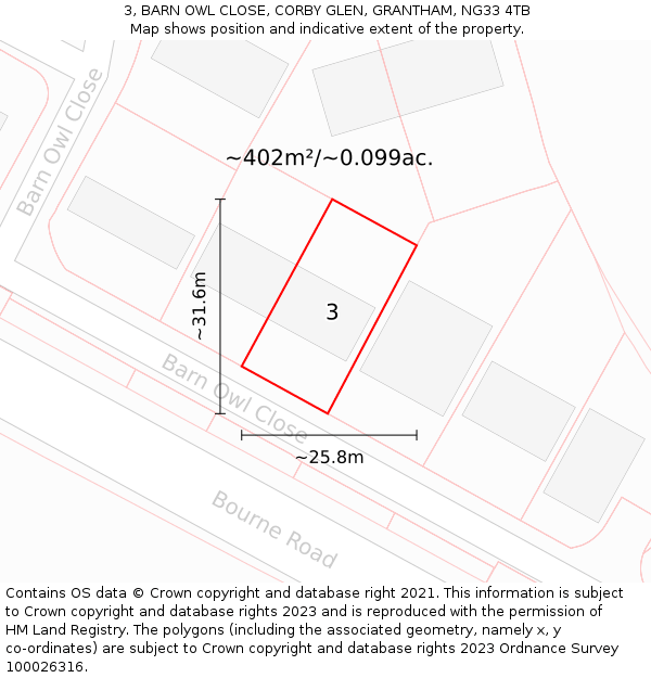 3, BARN OWL CLOSE, CORBY GLEN, GRANTHAM, NG33 4TB: Plot and title map