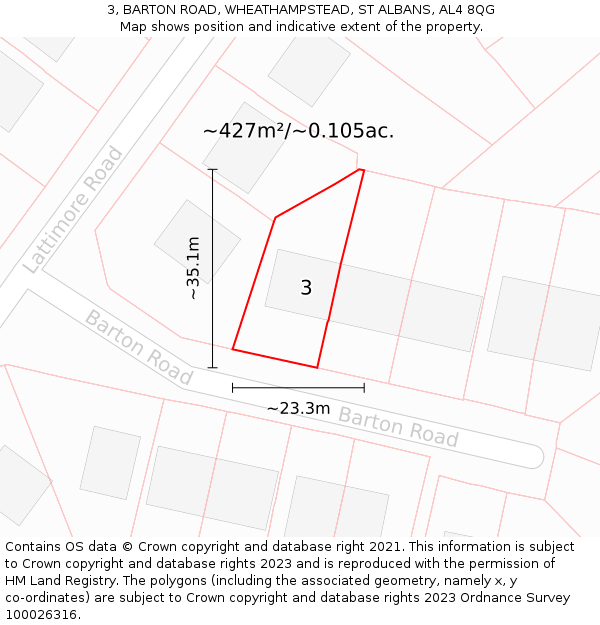 3, BARTON ROAD, WHEATHAMPSTEAD, ST ALBANS, AL4 8QG: Plot and title map