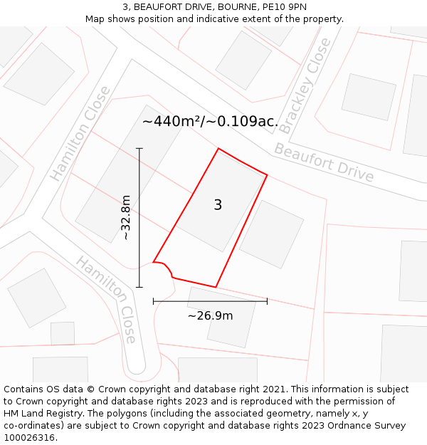 3, BEAUFORT DRIVE, BOURNE, PE10 9PN: Plot and title map