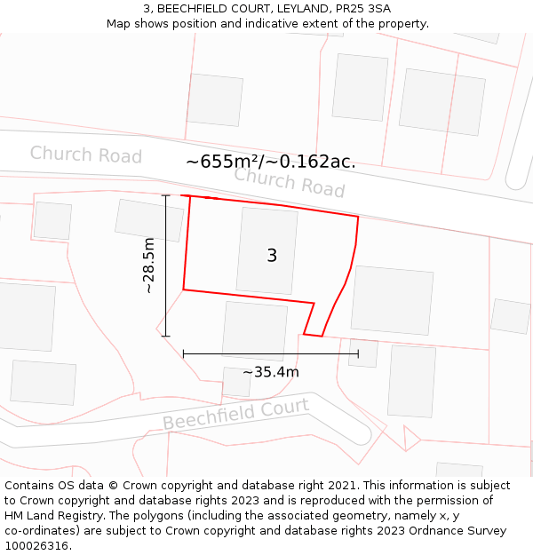 3, BEECHFIELD COURT, LEYLAND, PR25 3SA: Plot and title map