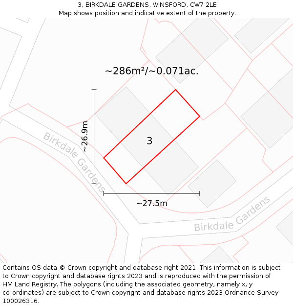 3, BIRKDALE GARDENS, WINSFORD, CW7 2LE: Plot and title map