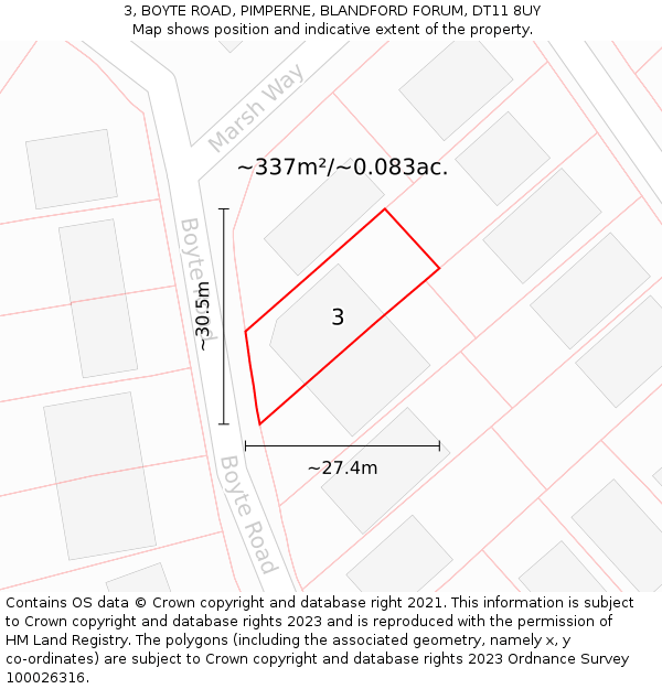 3, BOYTE ROAD, PIMPERNE, BLANDFORD FORUM, DT11 8UY: Plot and title map