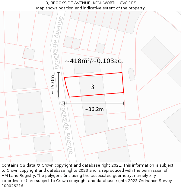 3, BROOKSIDE AVENUE, KENILWORTH, CV8 1ES: Plot and title map