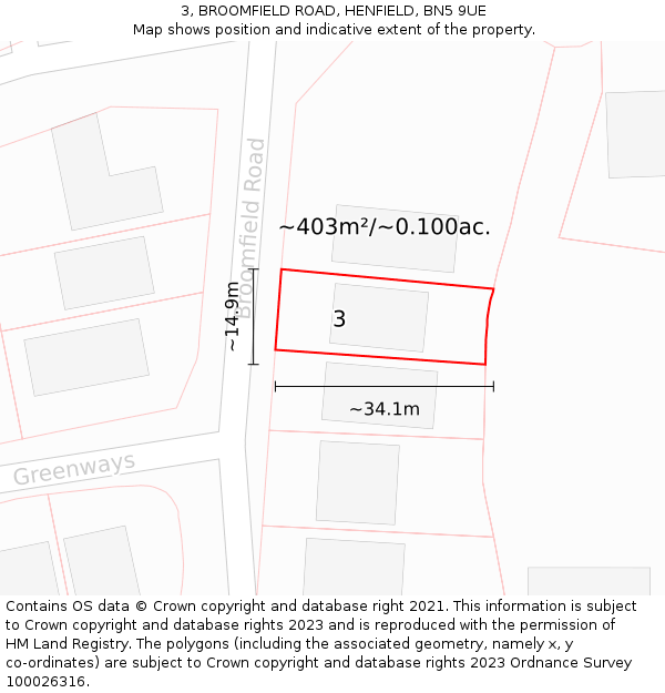 3, BROOMFIELD ROAD, HENFIELD, BN5 9UE: Plot and title map