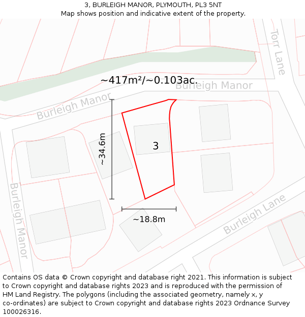 3, BURLEIGH MANOR, PLYMOUTH, PL3 5NT: Plot and title map