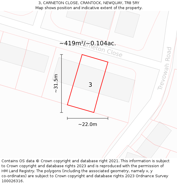 3, CARNETON CLOSE, CRANTOCK, NEWQUAY, TR8 5RY: Plot and title map