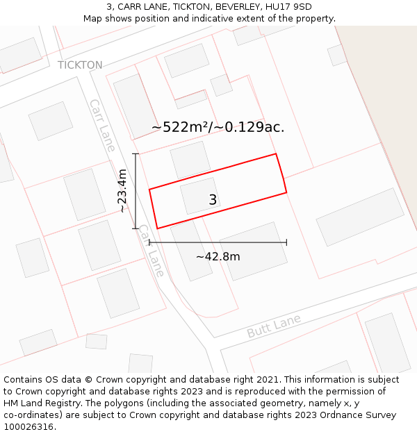 3, CARR LANE, TICKTON, BEVERLEY, HU17 9SD: Plot and title map