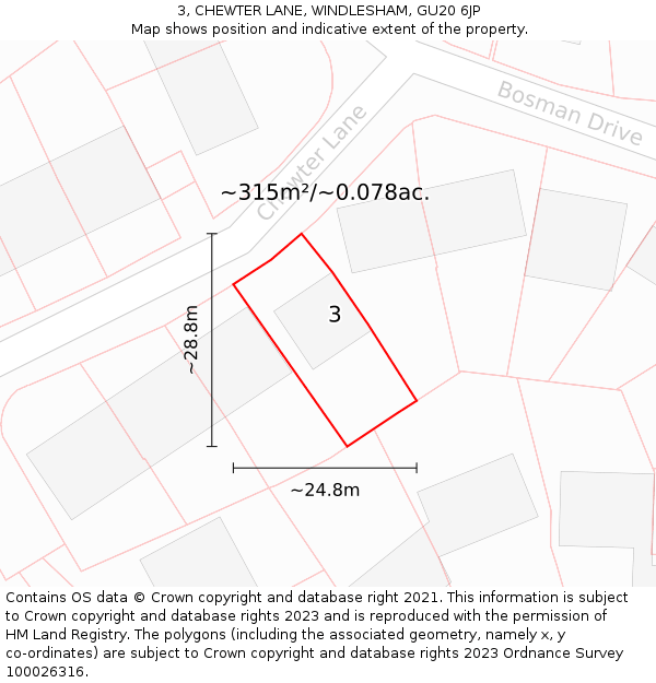 3, CHEWTER LANE, WINDLESHAM, GU20 6JP: Plot and title map