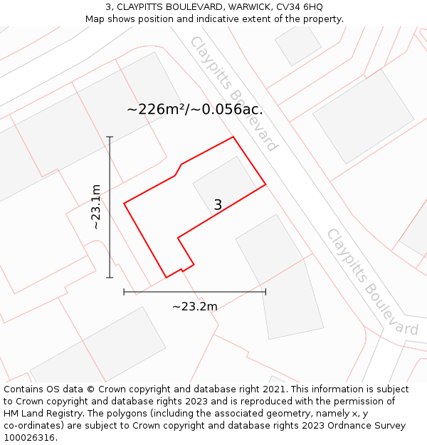 3, CLAYPITTS BOULEVARD, WARWICK, CV34 6HQ: Plot and title map