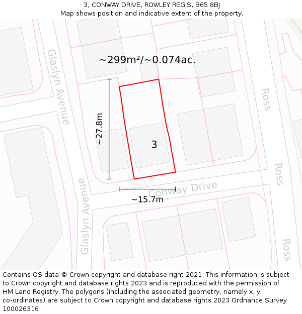 3, CONWAY DRIVE, ROWLEY REGIS, B65 8BJ: Plot and title map