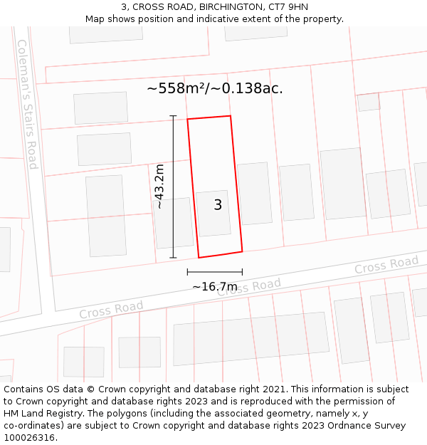 3, CROSS ROAD, BIRCHINGTON, CT7 9HN: Plot and title map