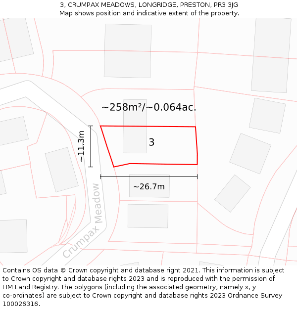 3, CRUMPAX MEADOWS, LONGRIDGE, PRESTON, PR3 3JG: Plot and title map