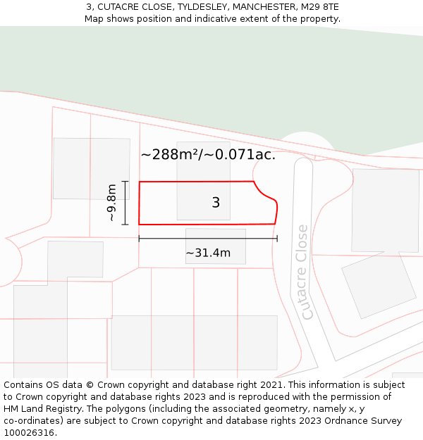 3, CUTACRE CLOSE, TYLDESLEY, MANCHESTER, M29 8TE: Plot and title map