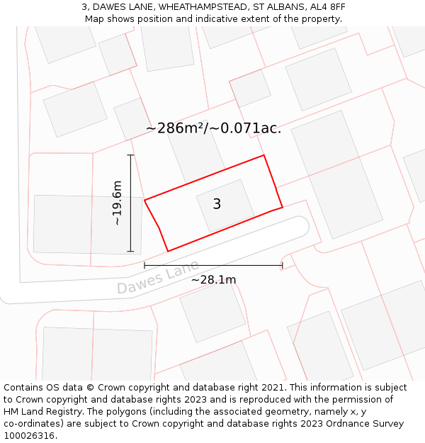 3, DAWES LANE, WHEATHAMPSTEAD, ST ALBANS, AL4 8FF: Plot and title map