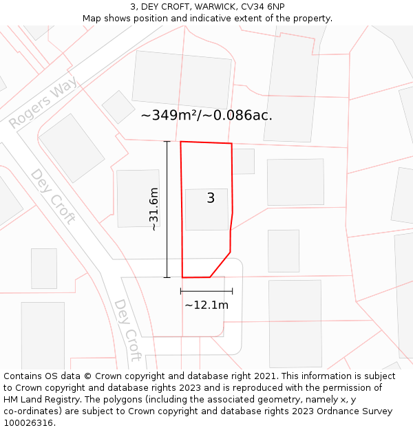 3, DEY CROFT, WARWICK, CV34 6NP: Plot and title map