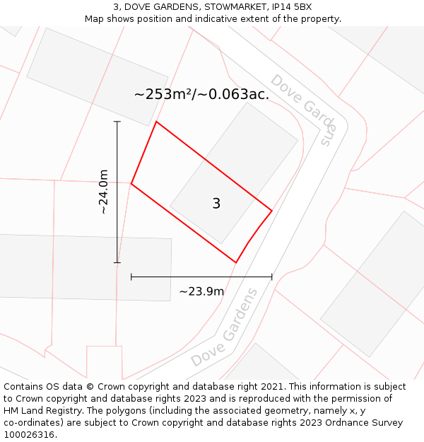 3, DOVE GARDENS, STOWMARKET, IP14 5BX: Plot and title map