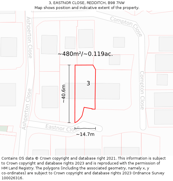3, EASTNOR CLOSE, REDDITCH, B98 7NW: Plot and title map