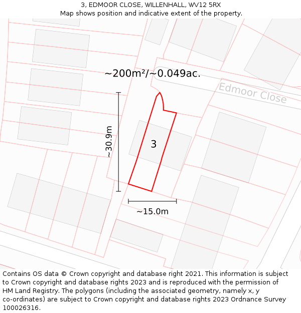 3, EDMOOR CLOSE, WILLENHALL, WV12 5RX: Plot and title map