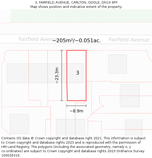 3, FAIRFIELD AVENUE, CARLTON, GOOLE, DN14 9FP: Plot and title map