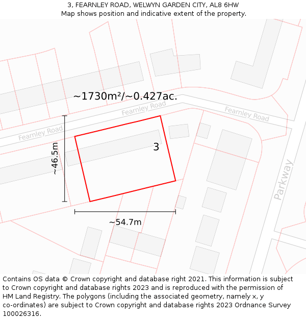 3, FEARNLEY ROAD, WELWYN GARDEN CITY, AL8 6HW: Plot and title map