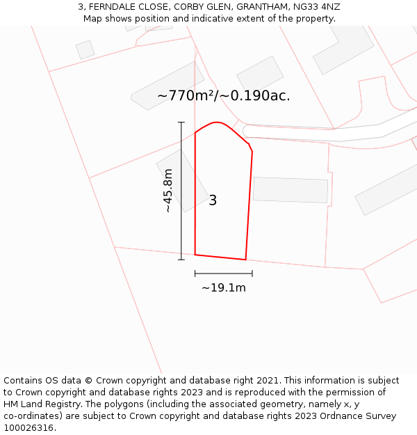 3, FERNDALE CLOSE, CORBY GLEN, GRANTHAM, NG33 4NZ: Plot and title map