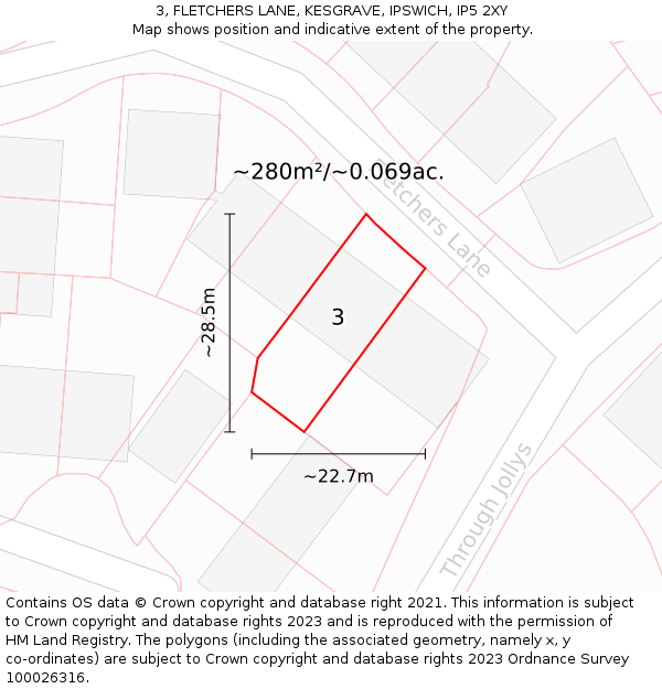 3, FLETCHERS LANE, KESGRAVE, IPSWICH, IP5 2XY: Plot and title map