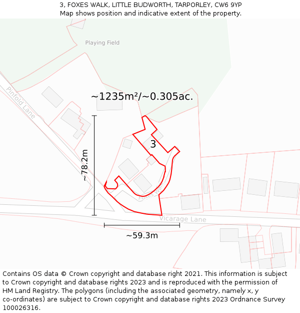 3, FOXES WALK, LITTLE BUDWORTH, TARPORLEY, CW6 9YP: Plot and title map