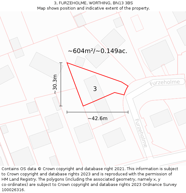 3, FURZEHOLME, WORTHING, BN13 3BS: Plot and title map