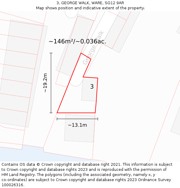 3, GEORGE WALK, WARE, SG12 9AR: Plot and title map
