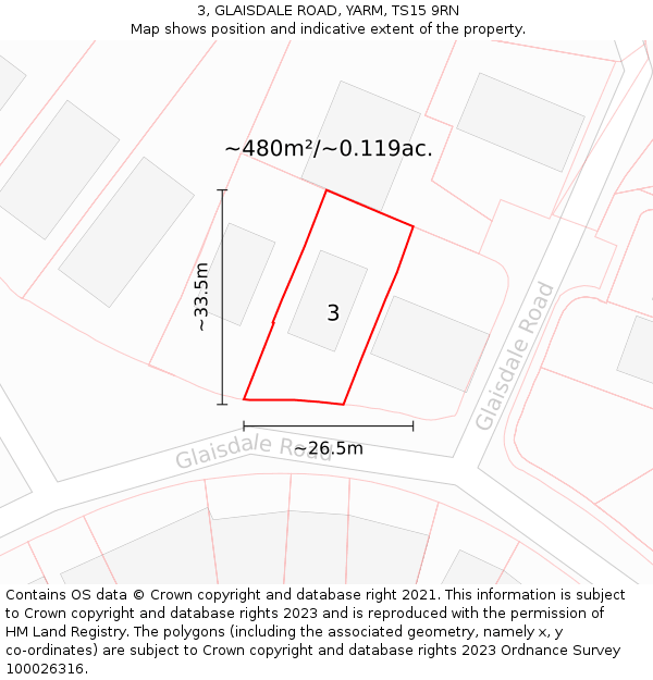 3, GLAISDALE ROAD, YARM, TS15 9RN: Plot and title map