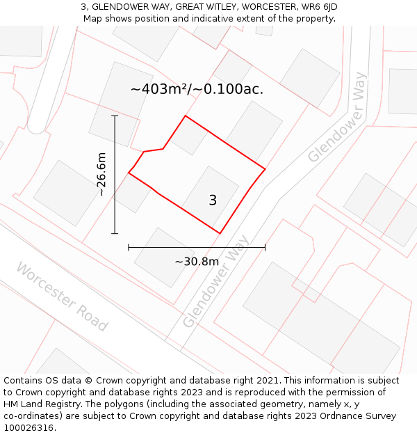 3, GLENDOWER WAY, GREAT WITLEY, WORCESTER, WR6 6JD: Plot and title map