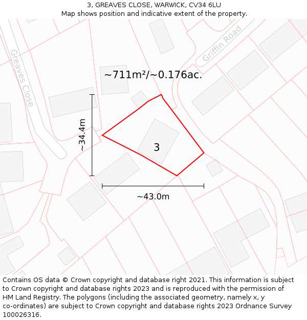 3, GREAVES CLOSE, WARWICK, CV34 6LU: Plot and title map