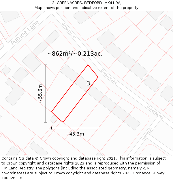 3, GREENACRES, BEDFORD, MK41 9AJ: Plot and title map