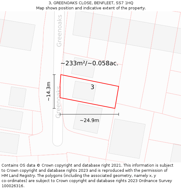 3, GREENOAKS CLOSE, BENFLEET, SS7 1HQ: Plot and title map