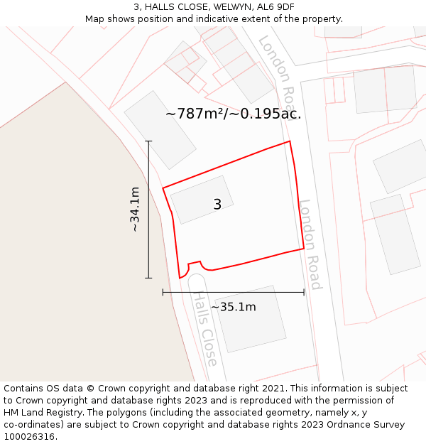 3, HALLS CLOSE, WELWYN, AL6 9DF: Plot and title map