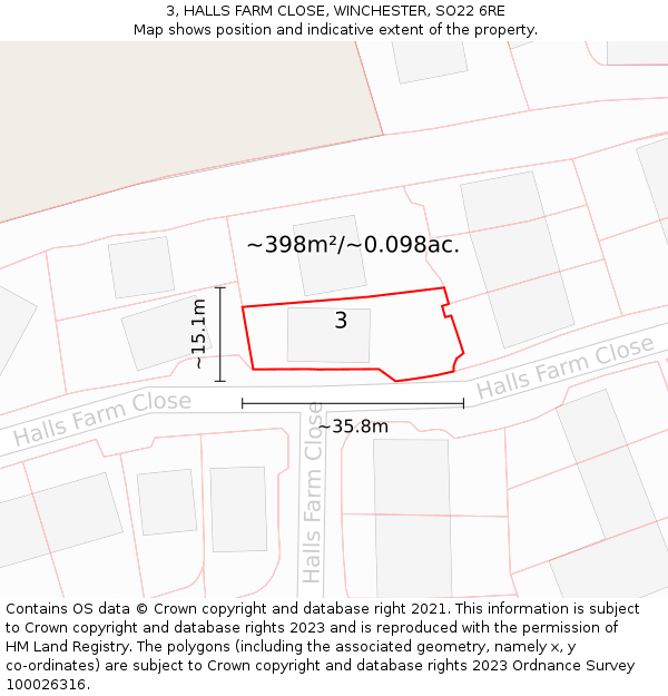 3, HALLS FARM CLOSE, WINCHESTER, SO22 6RE: Plot and title map