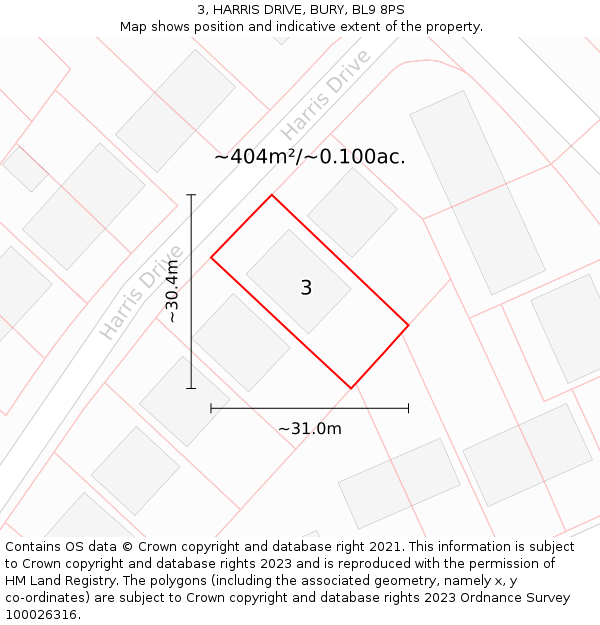 3, HARRIS DRIVE, BURY, BL9 8PS: Plot and title map