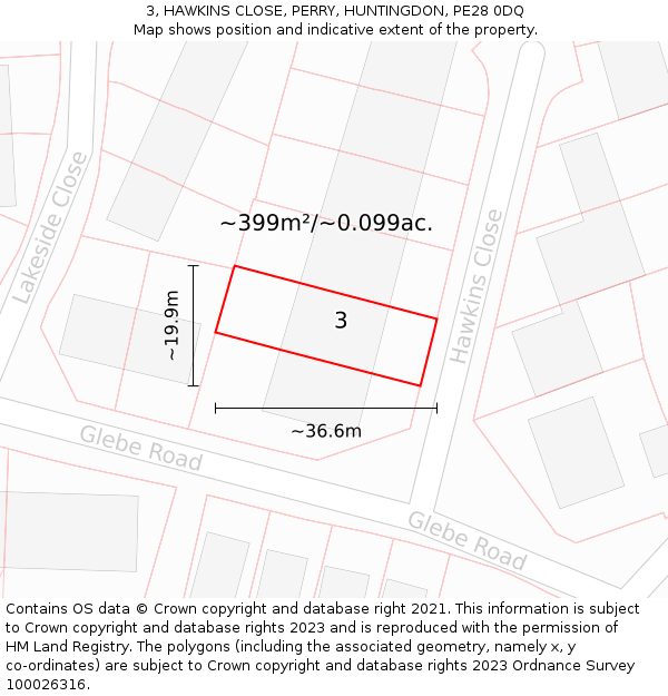 3, HAWKINS CLOSE, PERRY, HUNTINGDON, PE28 0DQ: Plot and title map